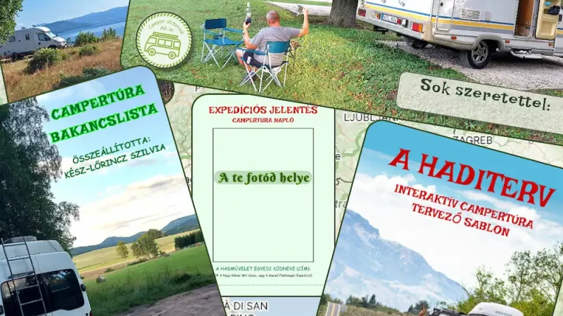 a fotón az ajándékutalvány és a négy kötet borítója látható, lakóautókkal
