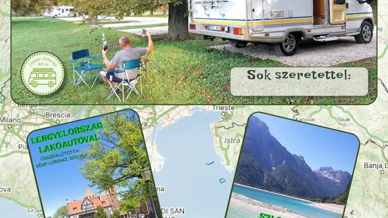 a fotón az ajándékutalvány és a két kötet borítója látható, lakóautós életérzéssel